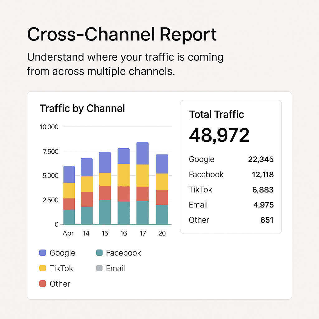 Know exactly where your traffic comes from: Google, Facebook, TikTok, Email.