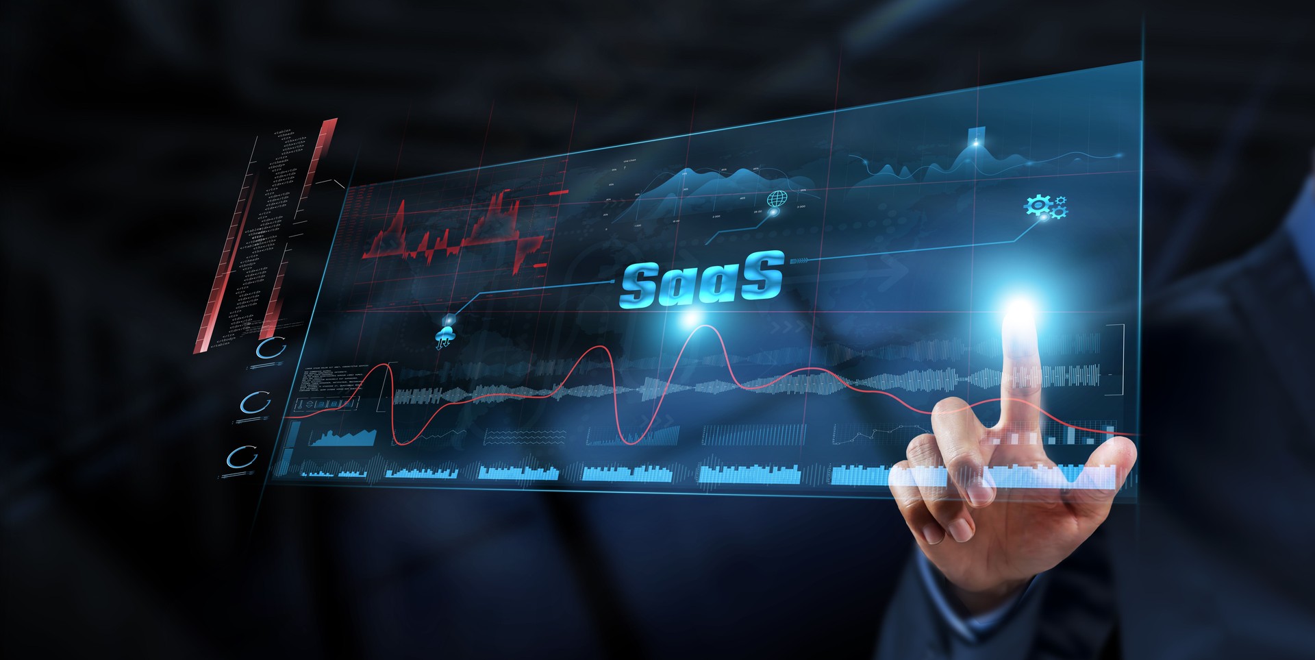 SaaS (Software as a Service): Businessman analyzes data strategy with graph on digital screen. Cloud solutions, scalability, subscription model, automation, integration, accessibility, efficiency.